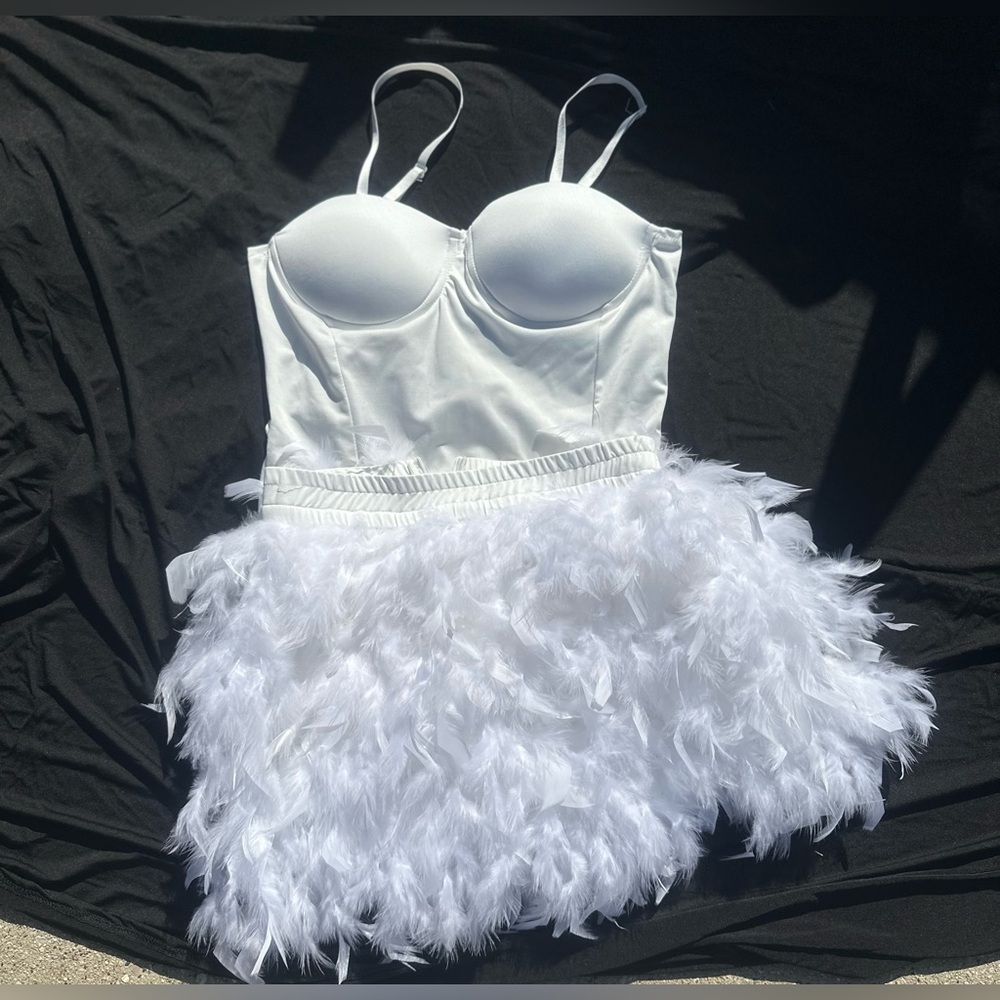 Spaghetti Strap Bodysuit Feather Skirt Set
